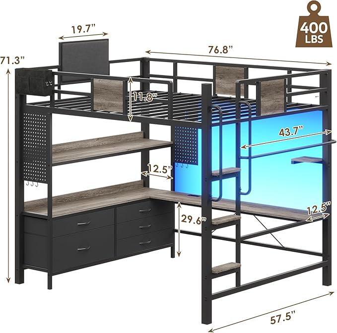BYSAUD Full Size Loft Bed, Loft Bed Full Size, Bunk Bed with Desk, Loft beds with Desk,LED Lights & Charging Station,5 Drawer&1 Bedside Organizer,Safety Guardrail,Noise Free,No Box Spring Needed,Gray