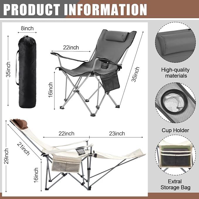 Yuntau 2 Set Reclining Beach Chairs with UPF 50+ Umbrellas Shade, Upgraded Heavy Duty Portable Folding Lounge Camping Chair with Canopy Removable Footrest & Headrest for Outdoor Patio(Grey, White)