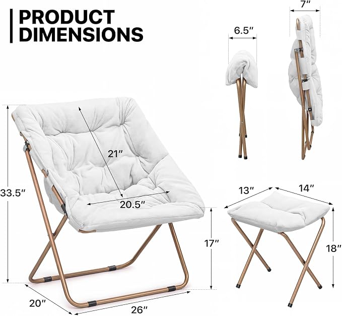 MoNiBloom Square Folding Faux Fur Saucer Chair for Bedroom Living Room Dorm Foldable Metal Frame Oversized Large Comfy Furry Padded Soft Cozy Moon Chair with Footrest Ottoman for Adults (White)