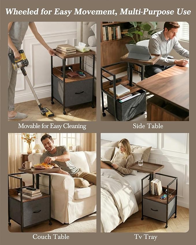 Faesun Swivel Lift Top Nightstand with Charging Station, Rolling Night Stand with Fabric Drawer, Adjustable Bedside Table for Bedroom, Living Room, Walnut Gray, Pro
