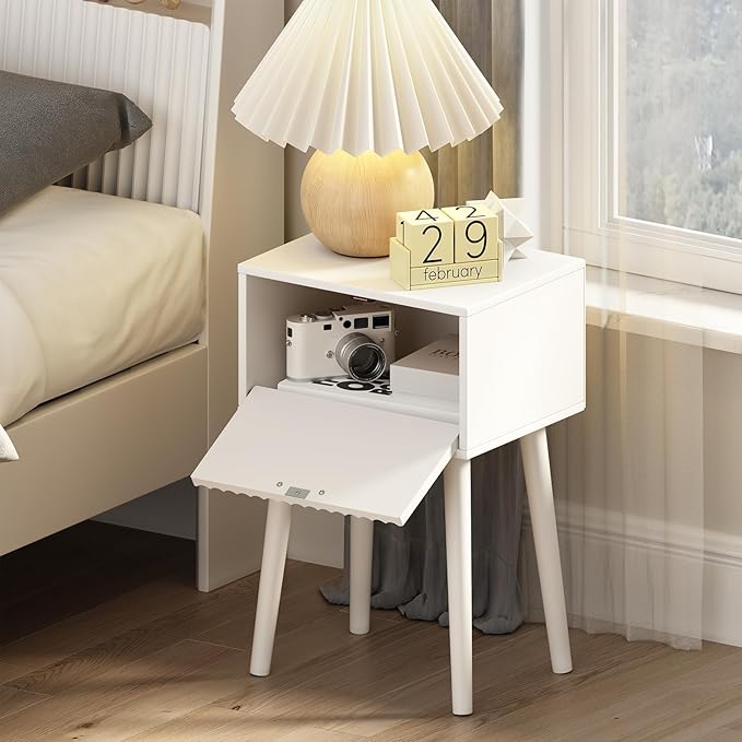 LAATOOREE Nightstands Set of 2, Small Side Table, Bedside Table with Fluted Door, Solid Wood Feet; Modern Mid-Century End Table for Bedroom, Small Space (White)