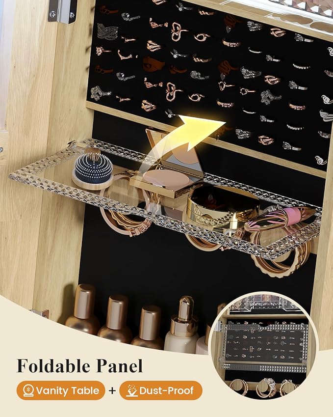 LVSOMT LED Mirror Jewelry Cabinet Standing, Lockable Jewelry Armoire with Arched Full-Length Mirror and Adjustable LED Lights, Space-Saving Jewelry Organizer with Mirror(LED Wood)