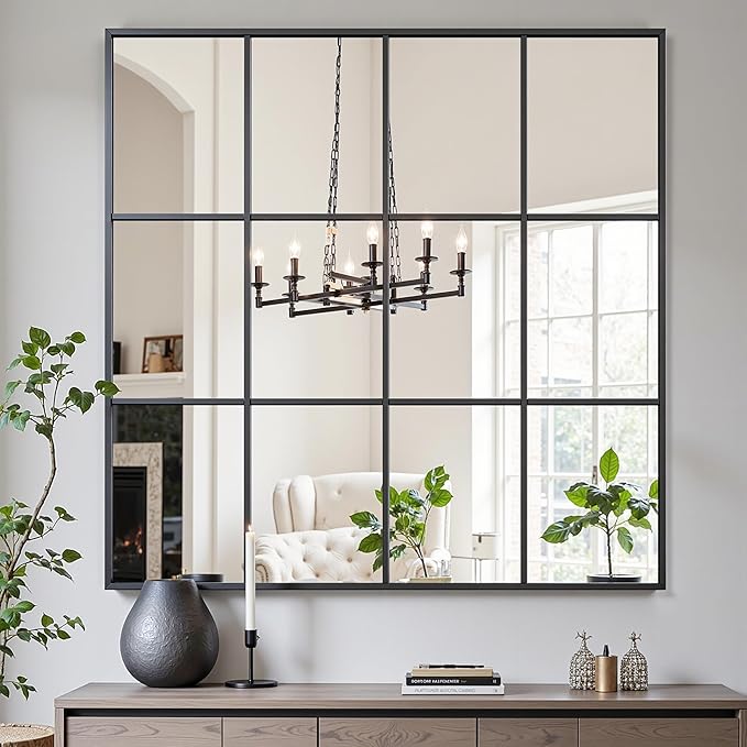 Suidia Wall Mirror, 36" x 36" Window Decorative Mirrors, Metal Framed Wall Decor Wall-Mounted Mirrors for Bedroom, Living Room, Entryway, Black