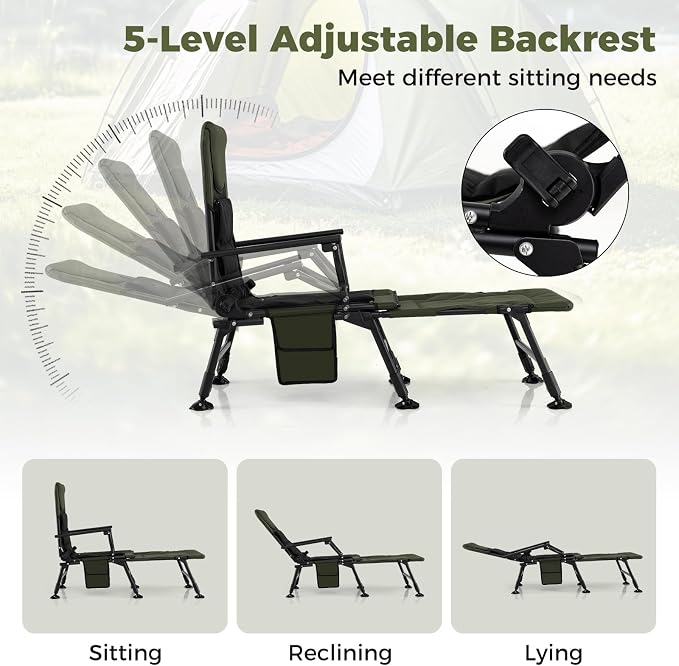 Goplus Foldable Fishing Chair for Adults, 2 Pack Heavy Duty All-Terrain Camping Chair with Detachable Footrest, Padded High-Back, Adjustable Feet, Portable Recliner for Outdoor Patio Beach