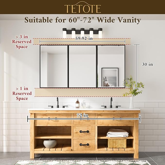 TETOTE Large Bathroom Medicine Cabinet 60" x 30", Brushed Nickel Bathroom Mirror with Storage Shelves, Beveled Framed, DTC Hinge, Surface Mount or in Wall