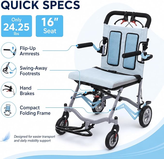 IDEALHOUSE Ultra Lightweight Folding Transport Wheelchair, 16” Seat, Flip-Up Armrests, Swing-Away Footrests, Portable & Compact for Travel, Caregiver-Friendly, 24.25 lbs