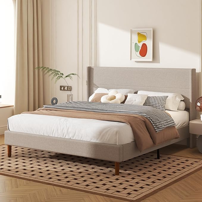 King Size Bed Frame, Linen Upholstered Platform with Wingback Headboard, Wooden Slats Support, No Box Spring Needed, Easy Assembly, Beige