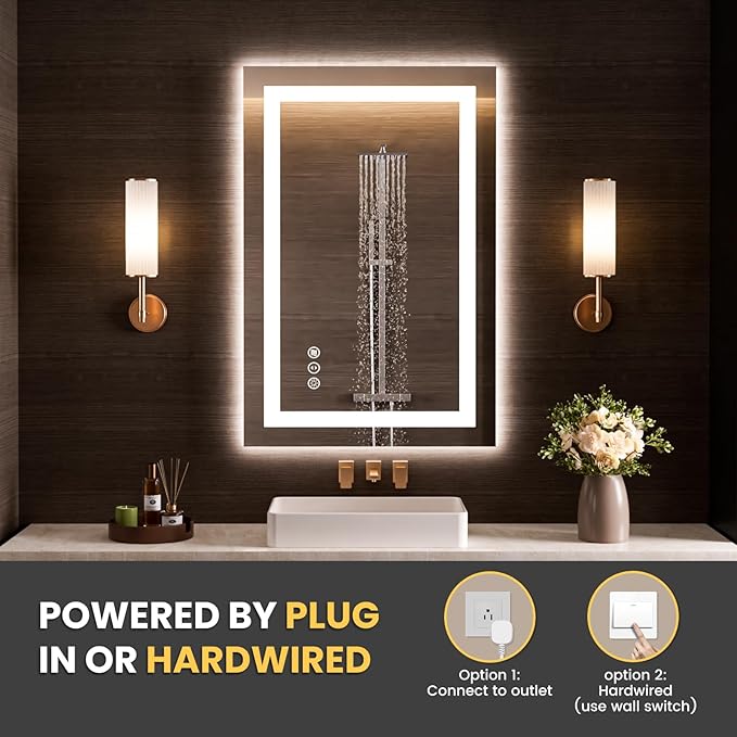 LOAAO 20"x34" LED Bathroom Mirror with Lights, Anti-Fog, Dimmable, Backlit + Front Lit, Lighted Bathroom Vanity Mirror for Wall, Memory Function