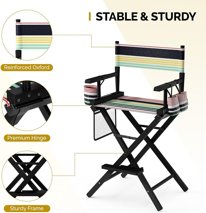 OmySalon 26" H Tall Directors Chair, Wooden Portable Folding Makeup Chair w/Storage Pouch & Footrest, Professional for Salon/Events/Mobile Services, 250lb Capacity, Striped Canvas & Black Frame