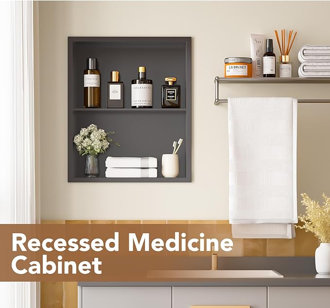 14x18 Recessed Medicine Cabinet, Bathroom Wall Cabinet, 304 Stainless Steel Recessed Wall Niche with 2-Tiers Shelves, Matte Gray