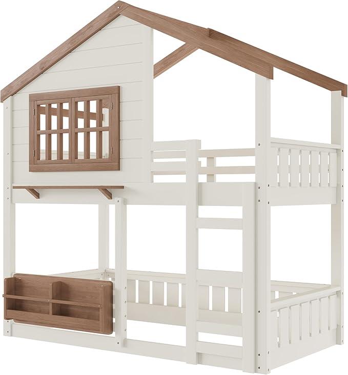 Twin Size House Bunk Bed Frame with Storage Bookshelf, Window, Wooden Floor Bunk Bed with Fences, Space Saving for Kids Adults, No Noise, Beige