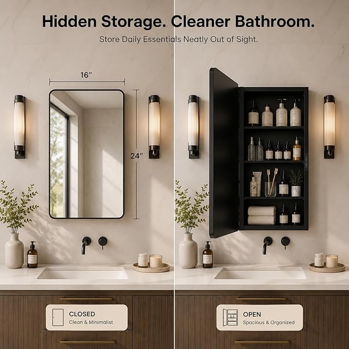 Medicine Cabinet with Mirror 16x24 inch, Black Recessed or Surface Wall Mount Bathroom Cabinets with Adjustable Shelves and Metal Framed