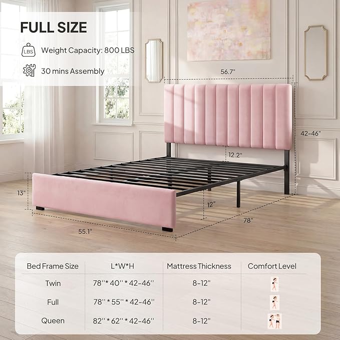 Welzona Upholstered Bed Frame Full Size with Headboard, Velvet Vertical Channel Tufted Metal Platform Bed with 3-Level Height, Under-Bed Storage and Metal Support, Noise Free, Easy Assembly, Pink