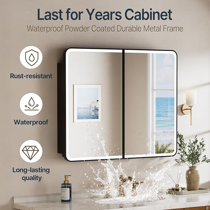 36x30 Inch Medicine Cabinet with Mirror, Recessed or Surface Mount Bathroom Medicine Cabinet with LED Lights, Anti-Fog, Memory Function, Adjustable Shelf, Dimmable Light, ETL Listed, Black