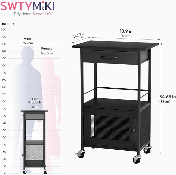 SWTYMIKI Buffets Coffee Bar Cabinet - Rolling Kitchen Rack, Farmhouse Small Coffee Stand with Storage Drawer and Door Cabinet - Kitchen Microwave Stand for Apartment, Living Room, Entryway, Black