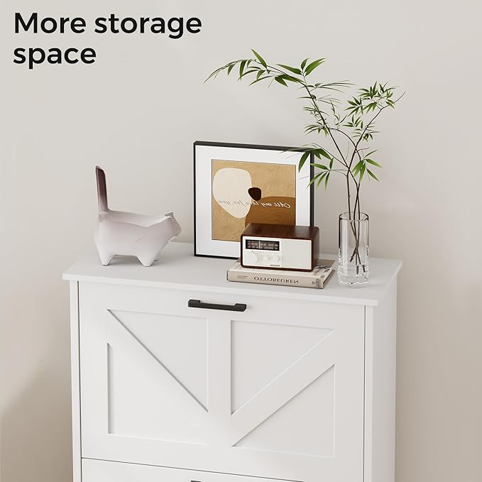 Homleke Farmhouse Shoe Cabinet for Entryway with 2 Barn-Style Flip Drawers, Narrow Shoe Storage Organizer with Top Display Shelf, Adjustable Shelves, Shoe Rack for Hallway, Closet- (White, 24" Wide)