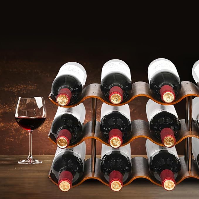 Countertop Wine Rack - 12 Bottle Freestanding Wine Bottle Holder Stand - 3 Tier Wooden Wine Storage Rack - Walnut Wavy Wine Organizer for Cabinet Pantry Home Kitchen Bar