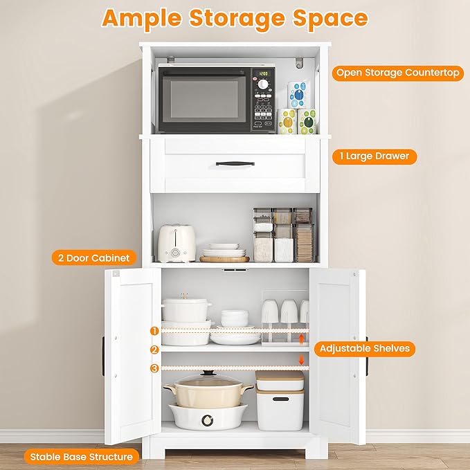 Saudism 55" Tall Farmhouse Kitchen Pantry Cabinet, Rustic Wooden Storage Cupboard with Doors, Shelves & Drawer, White for Kitchen & Dining Room, White