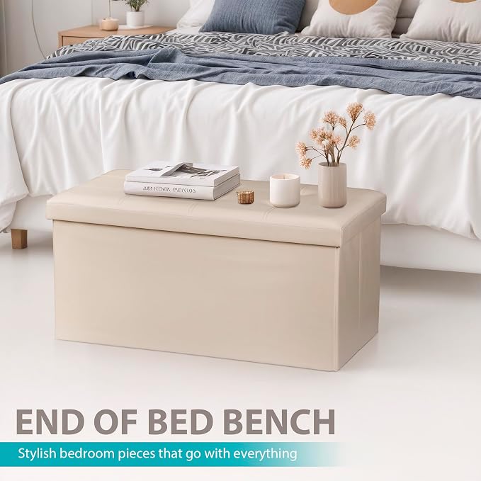 ZenStyle 30Inches Storage Ottoman Bench, Folding Footrest Stool, Storage Chest Long Shoes Bench with Foam Padded Seat, Holds up to 350 lbs, for Living Room, Entryway, Bedroom (Beige, 30 inches)