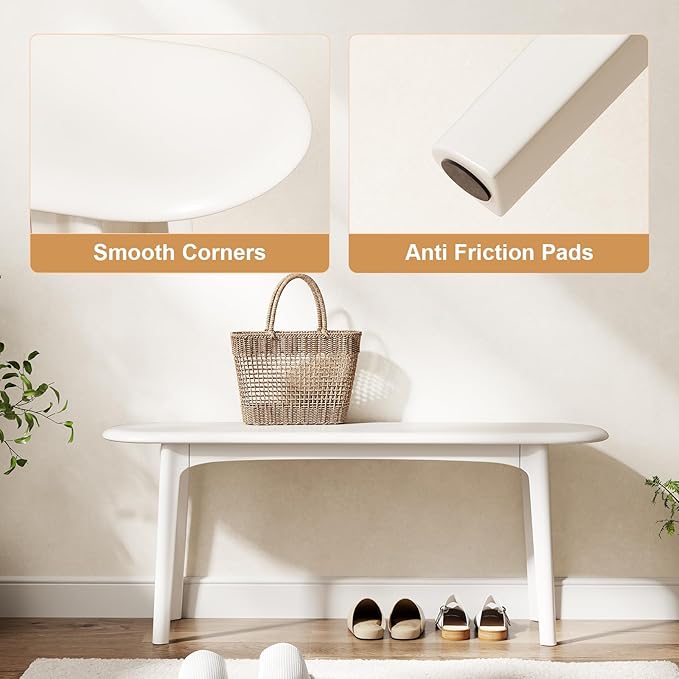 DONGMUWUEJEE 100% Solid Wood Dining Bench, Wood Bench for End of Bed with Rounded Corners, Entryway Benches for Farmhouse, Kitchen, Living Room and Plant Stand (White, 39.4" D x 11.8" W x 19.7" H)