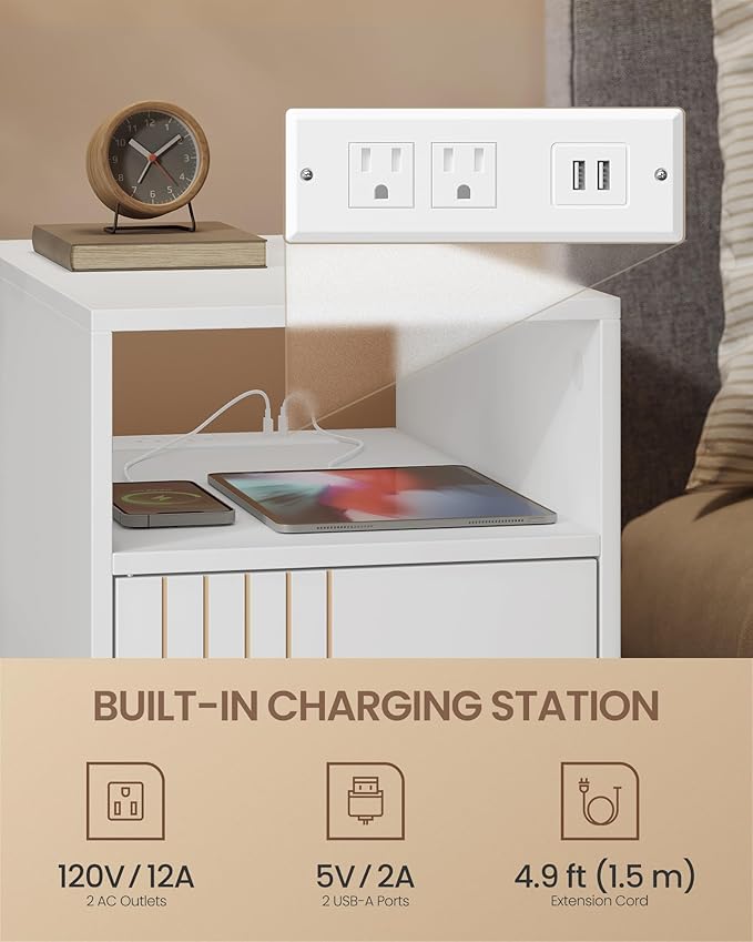 VASAGLE MAEZO Collection - End Table with Charging Station, Narrow Side Table, Nightstand with Tapered Legs, Curved Transitions, for Small Spaces, Living Room, Bedroom, Cloud White ULET329W101S