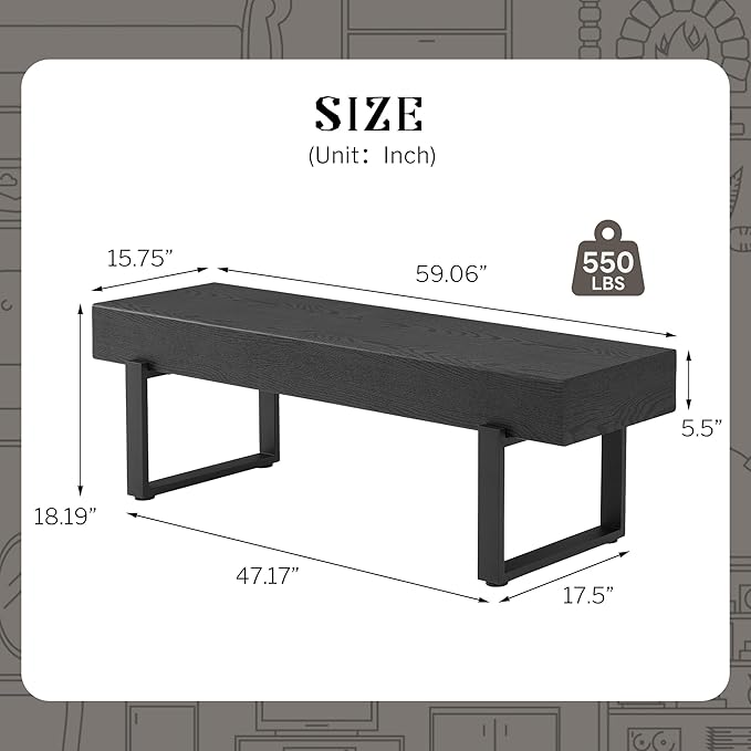 Merax 59" Wooden Dining Bench, Farmhouse Indoor Kitchen Table Benches, Bed Bench, Industrial Shoe Bench, Entryway Benches, Black