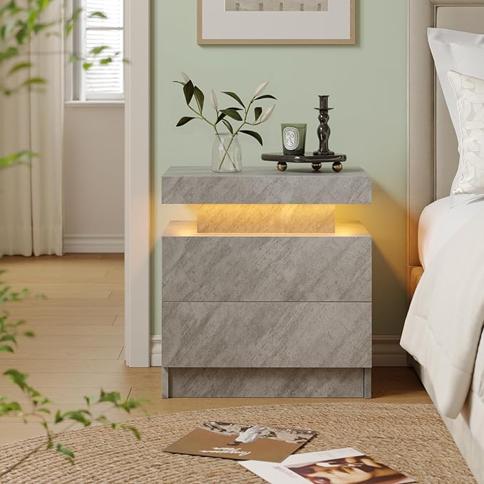 LED Nightstand Modern Bedside Table for Bedroom Night Stand with 2 Wood Drawers End Side Table with 16 Colors LED Strip for Bedroom