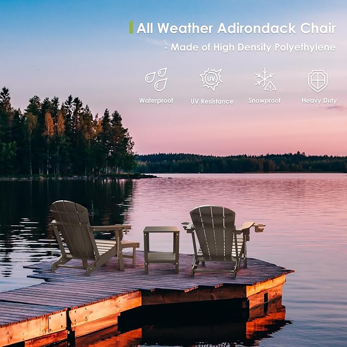 GREENVINES Adirondack-Chairs-with-Ottoman | Wood Grain | Folding | Retractable-Footrest | HDPE Plastic | All Weather Fire Pit Chair | Cup Holders | for Outdoor Poolside