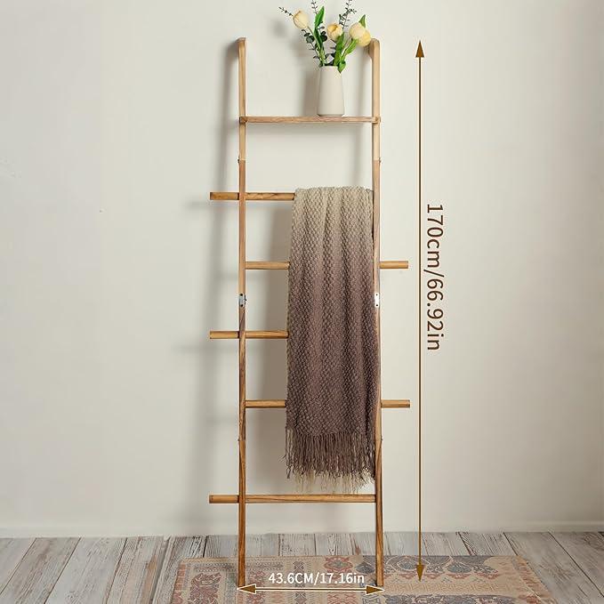 ZUNTO Blanket Ladder with Top Shelf for The Living Room - 67in Decorative Wooden Blanket Holder, 5 Tier with Side Hooks for Hanging - Rustic Farmhouse Towel Throw Ladder Rack for Organize and Display