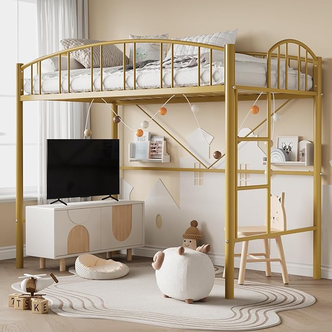 GarveeHome Loft Bed Twin Size, Heavy Duty Metal Loft Bed Frame with Arched Guardrail and Safety Ladder, Space-Saving, No Box Spring Needed, Modern Gold