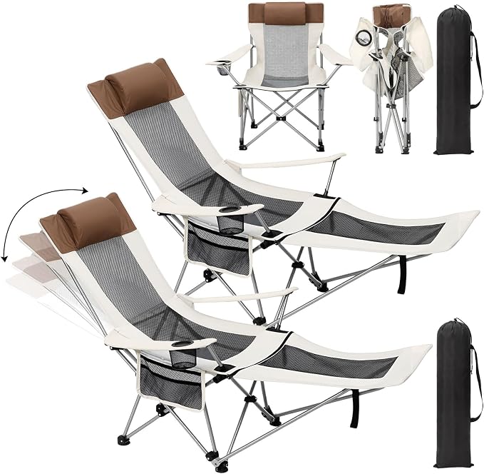 Colingmill 2 Pcs 2 in 1 Reclining Camping Chair with Footrest for Adults Folding Lounger Mesh Beach Chair Adjustable Backrest Lightweight Lawn Chairs for Camping Tailgates Outdoor Beach(Beige)