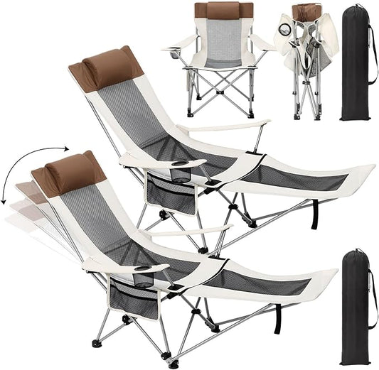 Colingmill 2 Pcs 2 in 1 Reclining Camping Chair with Footrest for Adults Folding Lounger Mesh Beach Chair Adjustable Backrest Lightweight Lawn Chairs for Camping Tailgates Outdoor Beach(Beige)