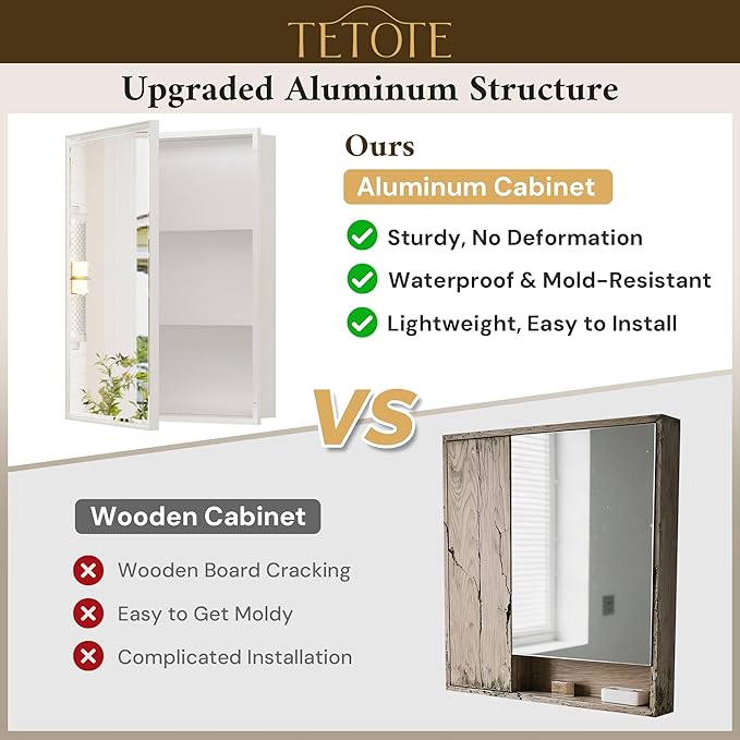 TETOTE 16" x 24" Medicine Cabinets for Bathroom with Tempered Mirror Recessed Medicine Cabinet with Aluminum Beveled Frame, Stepless Adjustable Shelves, DTC Hinge