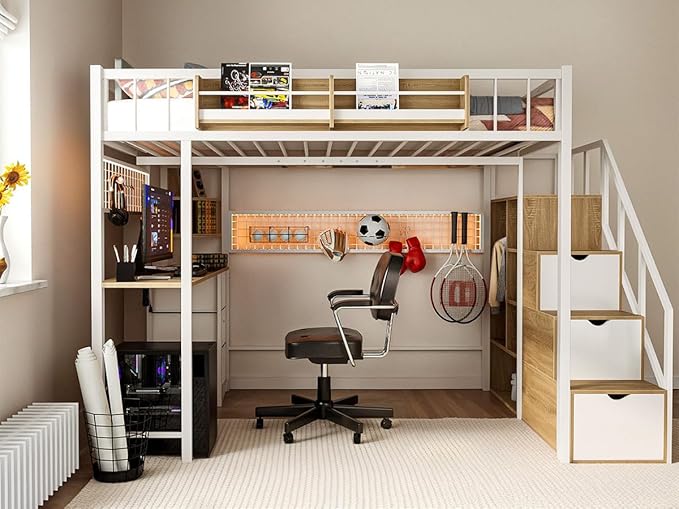 Kikihouse Full Size Loft Bed with Desk and Stairs, Headboard, Wardrobe, Bedside Storage Shelf, 6 Drawers, Charging Station & LED Light, Metal Gaming Loft Bed Frame for Adult Space-Saving