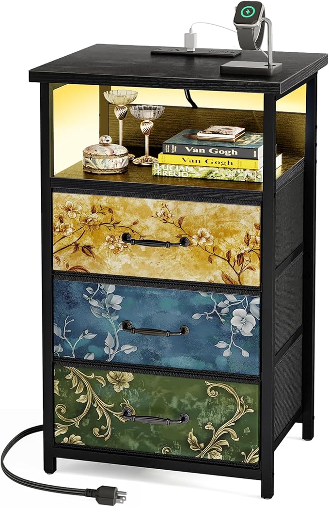 Fixwal Night Stand with Charging Station, LED Nightstand with U-S-B Ports and Outlets, 3 Fabric Storage Drawers with PU Finish, Bedside Table, Vintage Flower