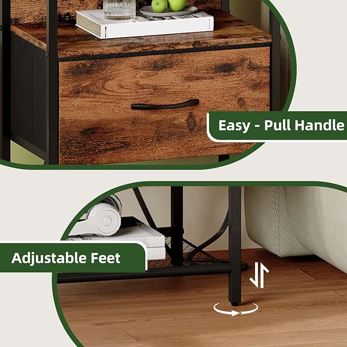 Somdot Nightstand Set of 2 with Charging Station and LED Light for Bedroom, Bedside Table End Table for Dorm Guest Room Bedside Kids Laundry Closet Entryway Hallway, Wood Grain Print