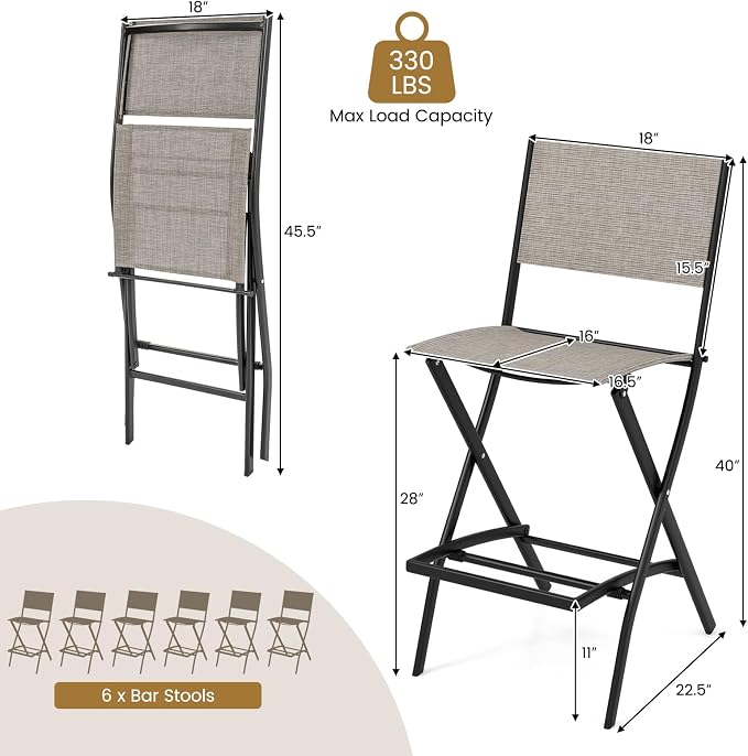 COSTWAY Outdoor Patio Bar Chair Set of 6, Folding Counter Height Stool with Metal Frame & Footrest, Patio Bar Stool for Balcony, Garden & Poolside (6, Coffee)