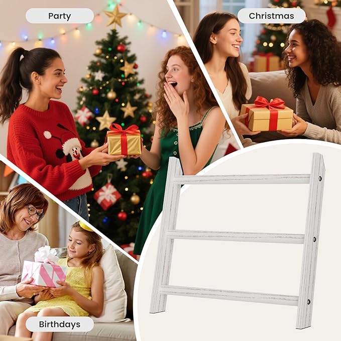 XLHOMO White Blanket Ladder Wall-Mounted, 3 Tier Wooden Rustic Mini Ladder Shelf for Living Room & Bathroom, Holder Display Hanger, Wall Hanging Blanket Rack with Rope for Home Christmas Decor