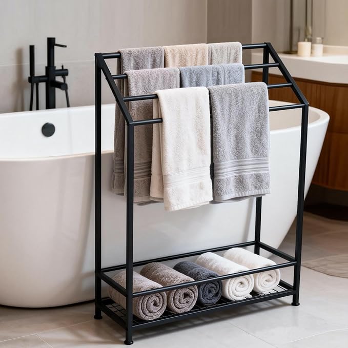 Hjarta Extra Wide 31.5 Inch Standing Towel Rack, Tall 40 Inch Free Standing Towel Rack with Storage Shelf, 4 Tier Towel Stand for Bathroom Outdoor Poolside