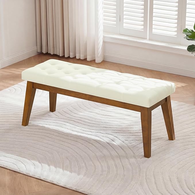 43.5" Upholstered Bedroom Bench, Linen Entryway Bench with Solid Wood Legs, End of Bed Bench with Cushion, Tufted Button Dining Bench for Living Room, Bedroom, Hallway, Beige