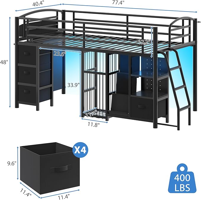 Low Loft Bed Twin Size with 4 Storage Drawers and LED Lights, Twin Loft Bed with Sling Bookcase & Toy Storage, Kids Twin Beds with Anti-Collision Pad & Play Curtain, Under-Bed Play Space, Black
