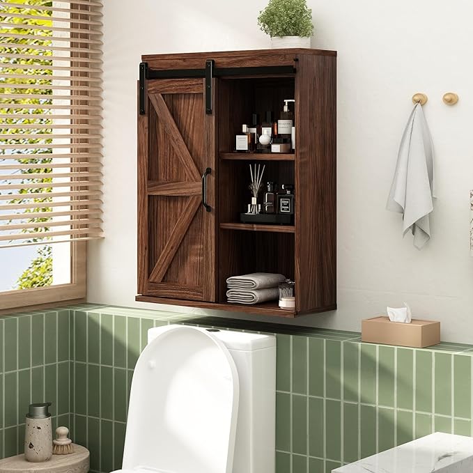 RUSTOWN Farmhouse Wood Wall Storage Bathroom Cabinet with Sliding Barn Door, Rustic Medicine Cabinet with Adjustable Shelf, 3-Tier Vintage Cabinet for Kitchen Dining, Bathroom, Living Room (Walnut)