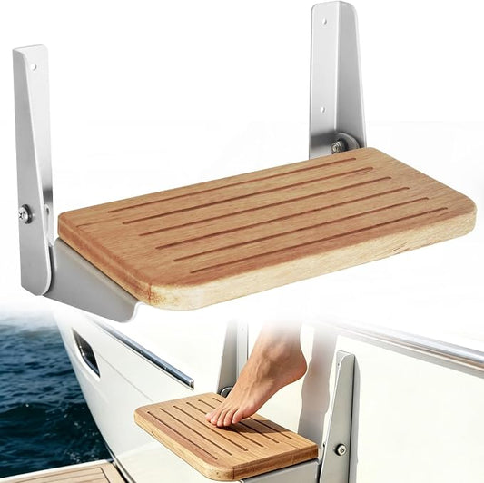 Boat Fold-Up Footrest,Wall Mounted Teak Footrest - Space Saving Folding Step for Boat, RV, Yacht, and Home Use, 12"x7.5"x6"