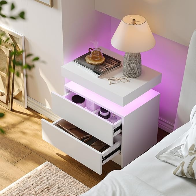 White LED Nightstand Modern Night Stand for Bedroom Bedside Table with 2 Wood Drawers End Side Table