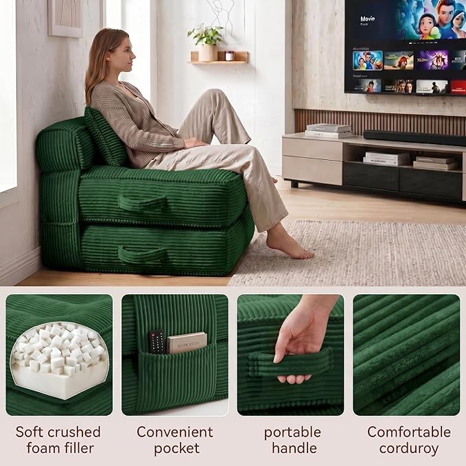 Folding Sofa Bed, Convertible Sleeper Chair with Pillow Foldable Mattress with Back Support, Portable Fold Out Chair Bed Comfy Floor Couch Lounge for Living Room Bedroom Apartment Single