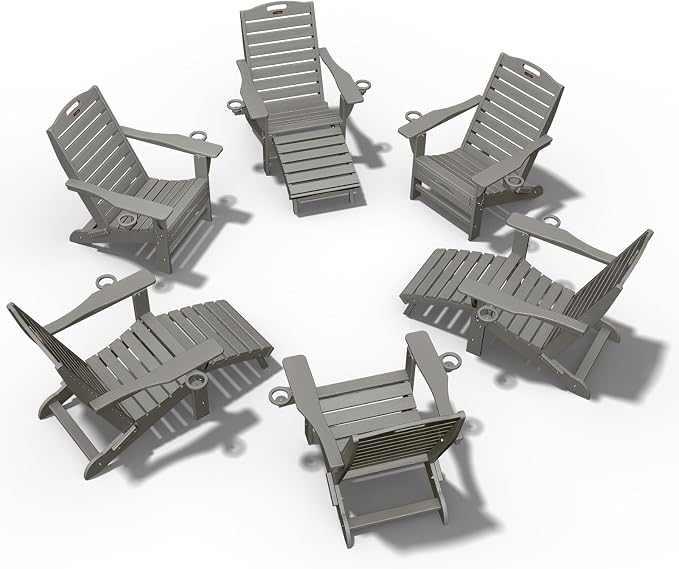 Ciokea Folding Adirondack Chair Set of 6 with Retractable Ottoman Fire Pit Patio Chair with Pull Out Foot Rest Weather Resistant Lawn Outdoor Chair with 2 Cup Holder (Grey)