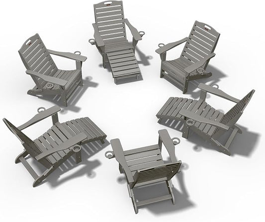 Ciokea Folding Adirondack Chair Set of 6 with Retractable Ottoman Fire Pit Patio Chair with Pull Out Foot Rest Weather Resistant Lawn Outdoor Chair with 2 Cup Holder (Grey)