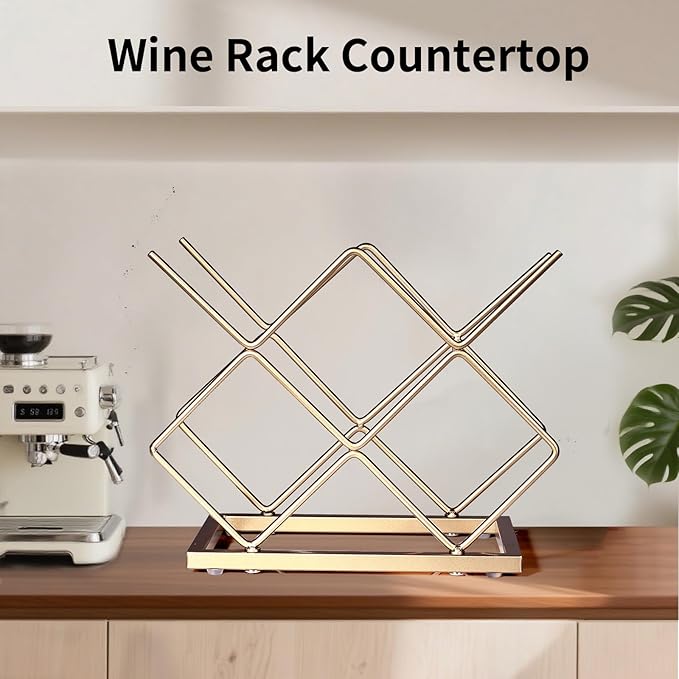Countertop Wine Rack - 5 Bottle Freestanding Modern Gold Metal Small Wine Rack - Tabletop Wine Holder Stand for Cabinet, Pantry, Wine Bottle Storage… (Large Size-Gold 5btl)