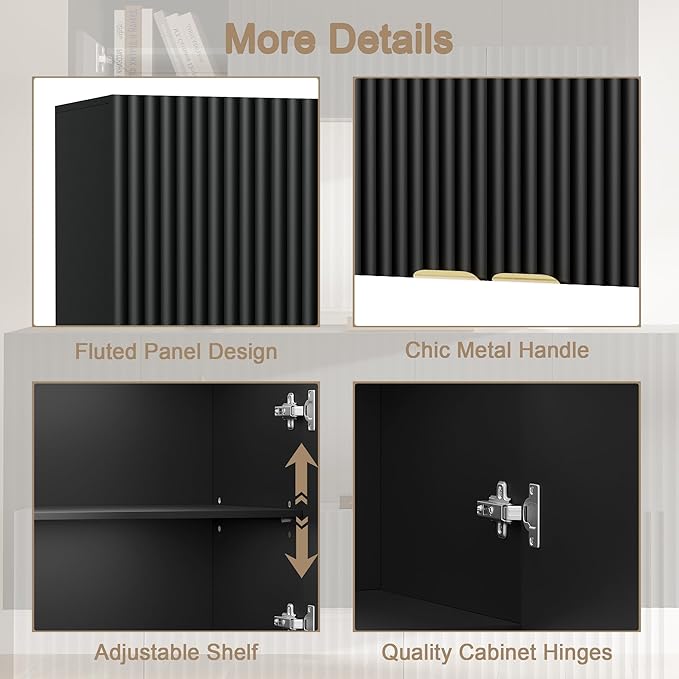 ChooChoo 4 Doors Wall Cabinet Laundry Room, Bathroom Wall Cabinet with Adjustable Shelf, Fluted Wall-Mounted Medicine Cabinet, Storage Cabinet for Kitchen, Garage, Black