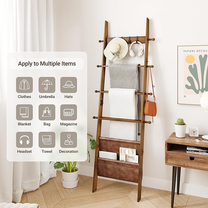ELYKEN Blanket Ladder for Living Room, 5-Tier Wooden Towel Rack with Synthetic Leather Pocket, 4 Removable Hooks, Decorative Leaning Ladder Shelf for Bedroom, Walnut